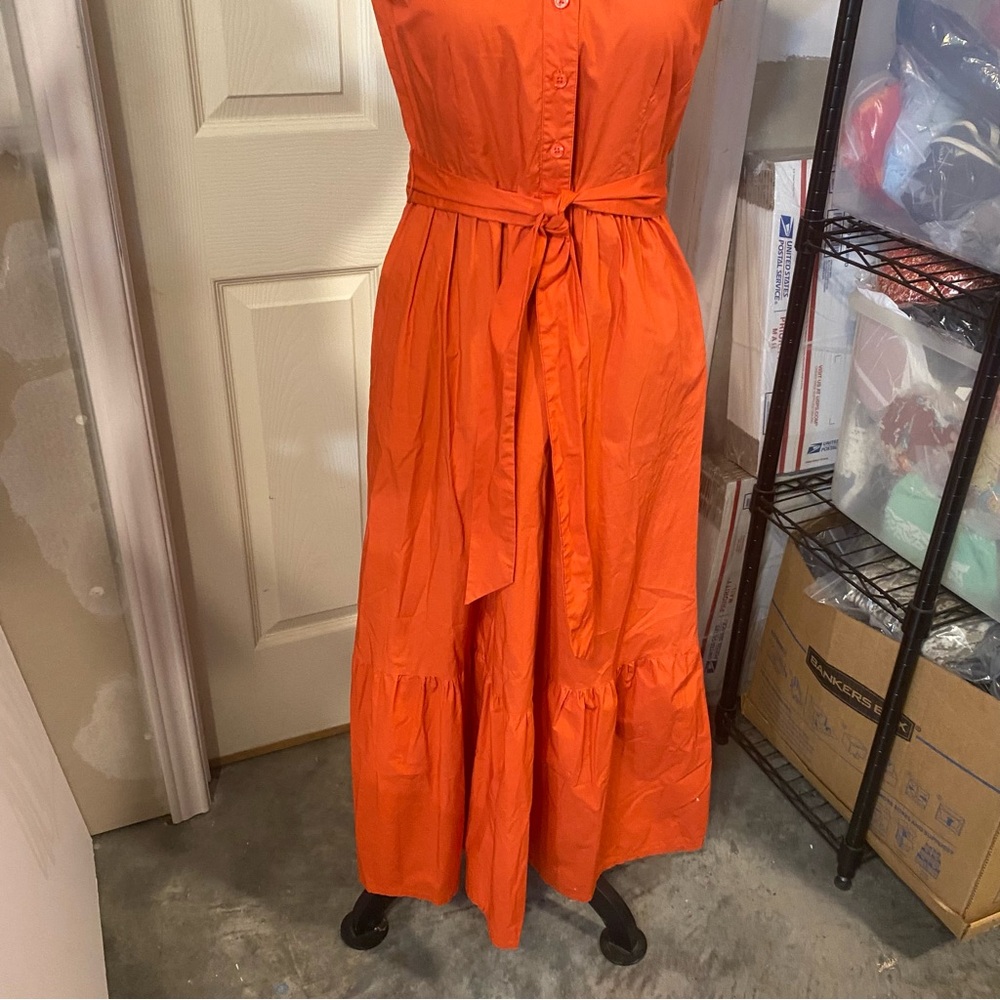 Tiered Midi Dress Eyelet Short sleeve Pleated Button Up belted Cotton Peasant - Picture 7 of 14